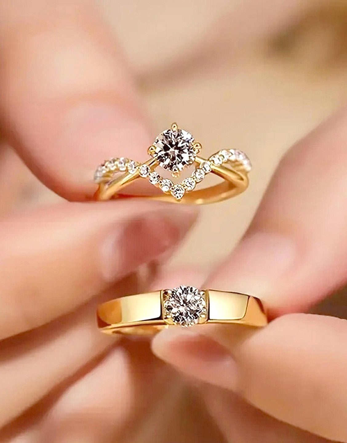 Pair of 2 Adjustable Golden Cubic Zirconia Engagement Rings