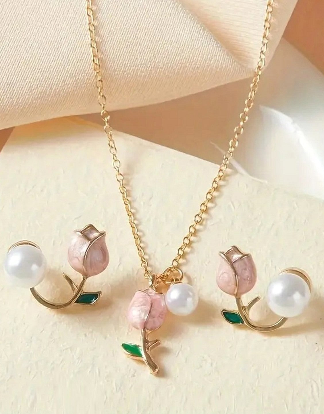 Versatile Tulip Shape Imitation Pearl Necklace & Earrings Set