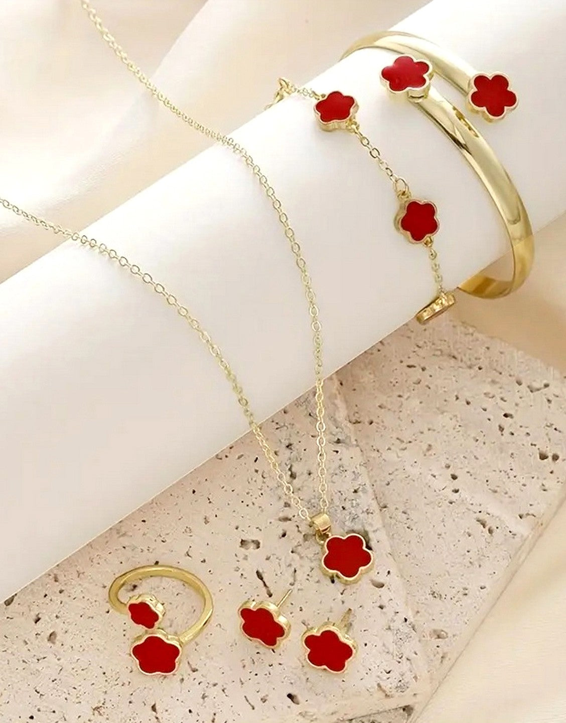 5-Piece Red Five Leaf Clover Design Jewelry Set includes Bracelet, Earrings, Kara, Necklace & Ring