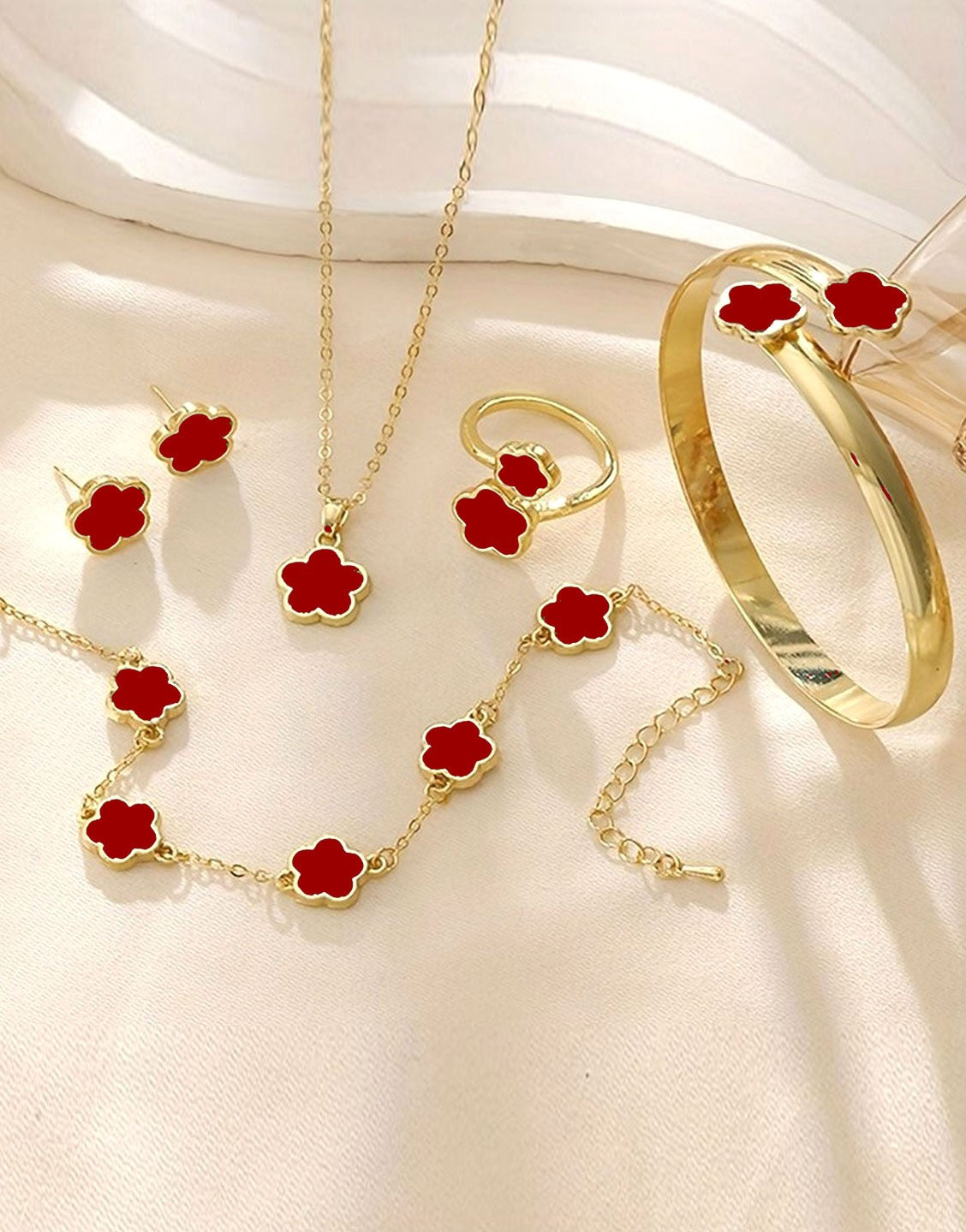 5-Piece Red Five Leaf Clover Design Jewelry Set includes Bracelet, Earrings, Kara, Necklace & Ring