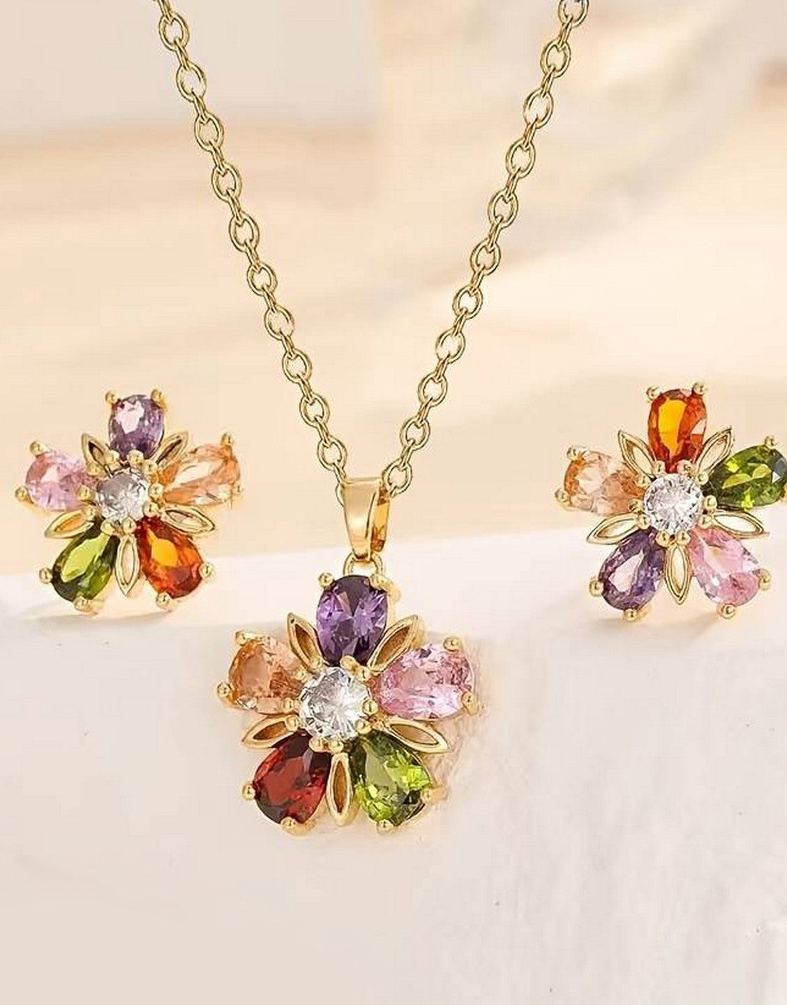 Adorable Multicolor Zircon Studded Flower Shape Jewelry Set with Necklace & Earrings