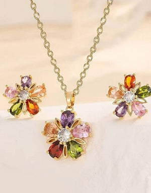 Adorable Multicolor Zircon Studded Flower Shape Jewelry Set with Necklace & Earrings