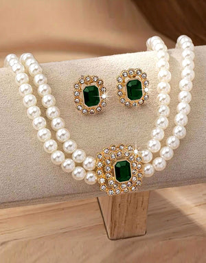 Elegant Double Row Faux Pearl Choker Necklace & Stud Earrings
