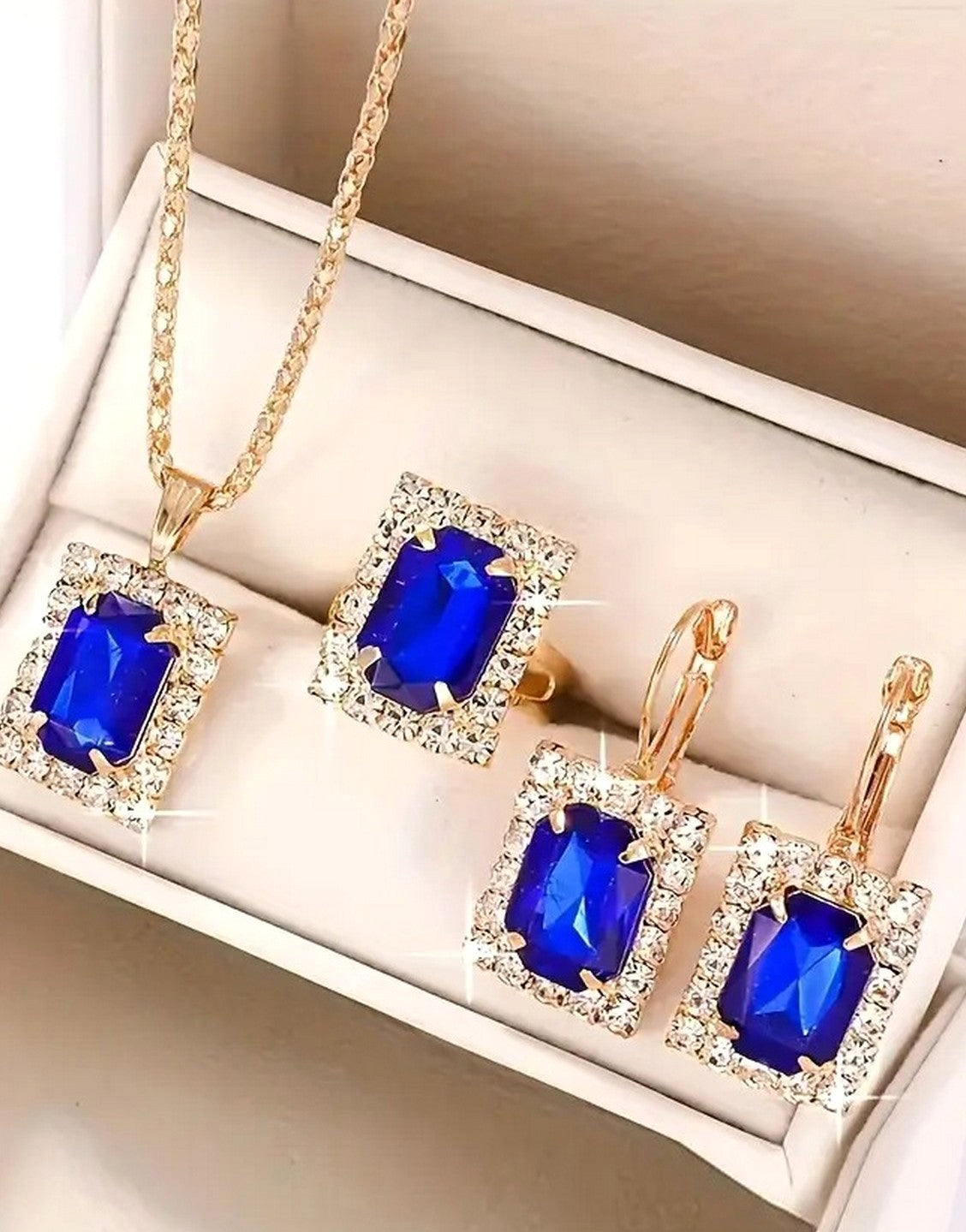 3-Piece Square Shape Synthetic Blue Gemstone Jewellery Set with Earrings, Necklace and Ring