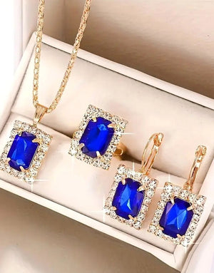 3-Piece Square Shape Synthetic Blue Gemstone Jewellery Set with Earrings, Necklace and Ring