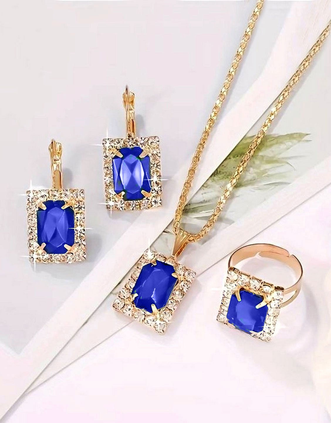 3-Piece Square Shape Synthetic Blue Gemstone Jewellery Set with Earrings, Necklace and Ring