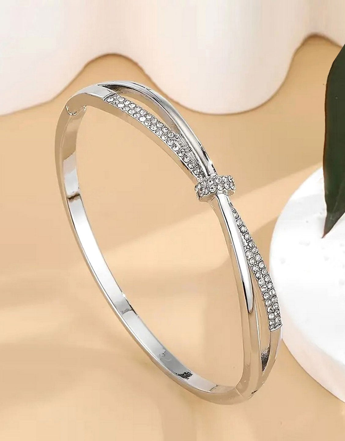 Luxury Silver Bangle Bracelet with Synthetic Rhinestones for Girls