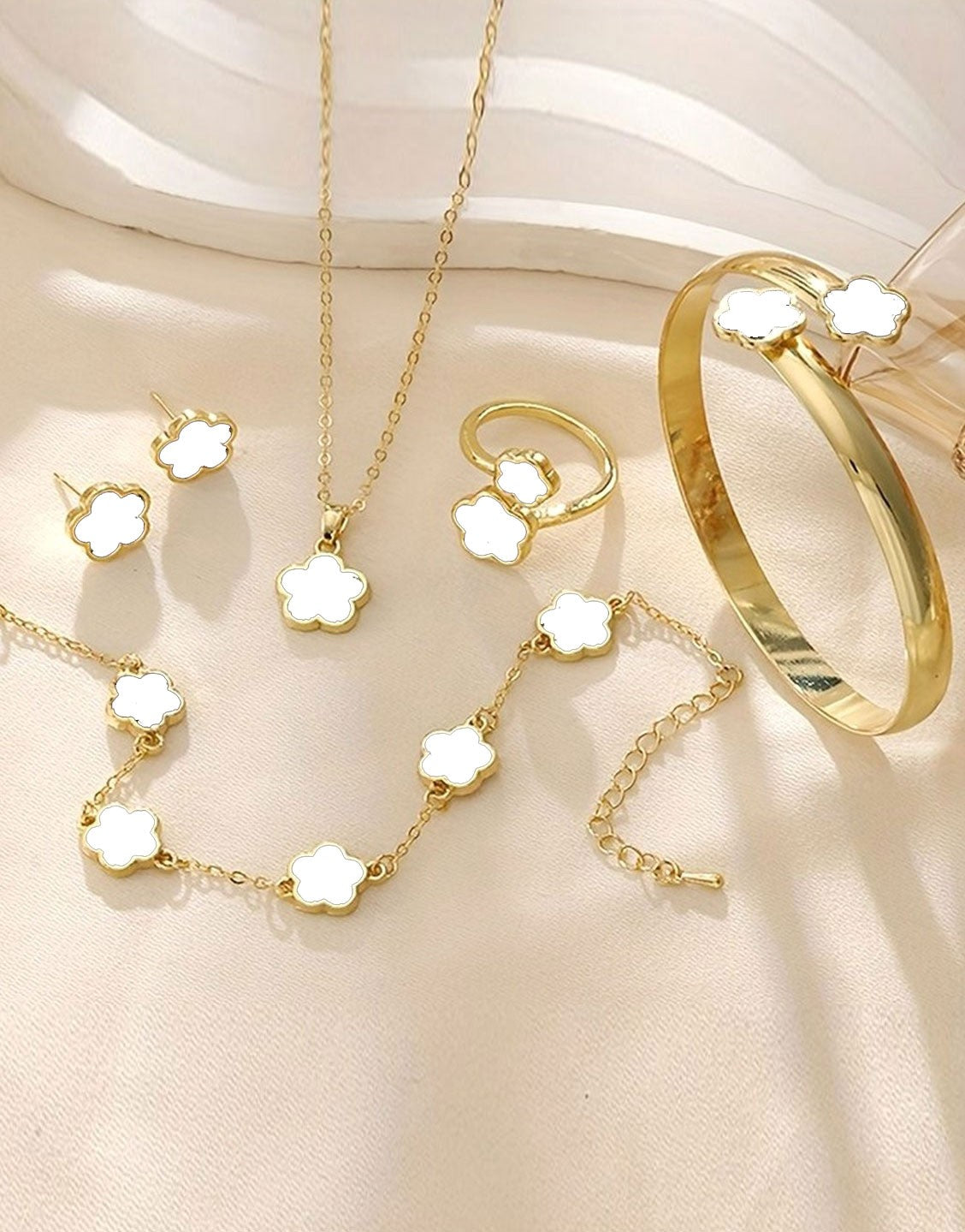 5-Piece White Five Leaf Clover Design Jewelry Set includes Bracelet, Earrings, Kara, Necklace & Ring