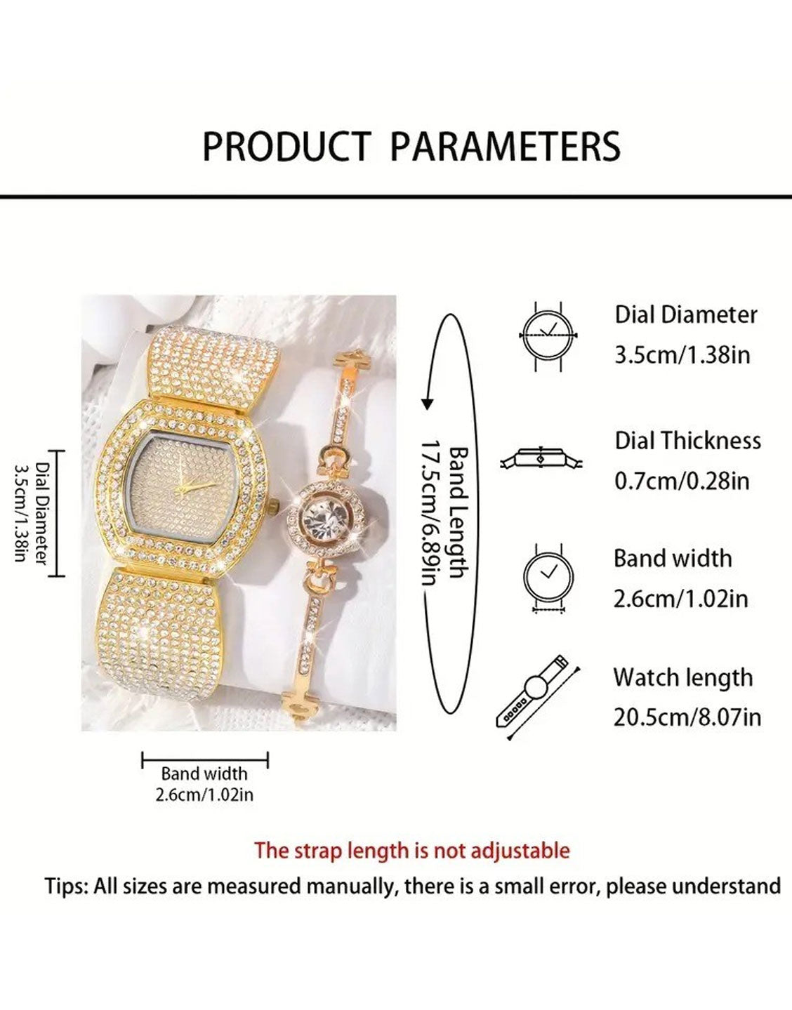 2-Pcs Elegant Ladies Golden Bracelet Watch and Sparkling Bracelet Set