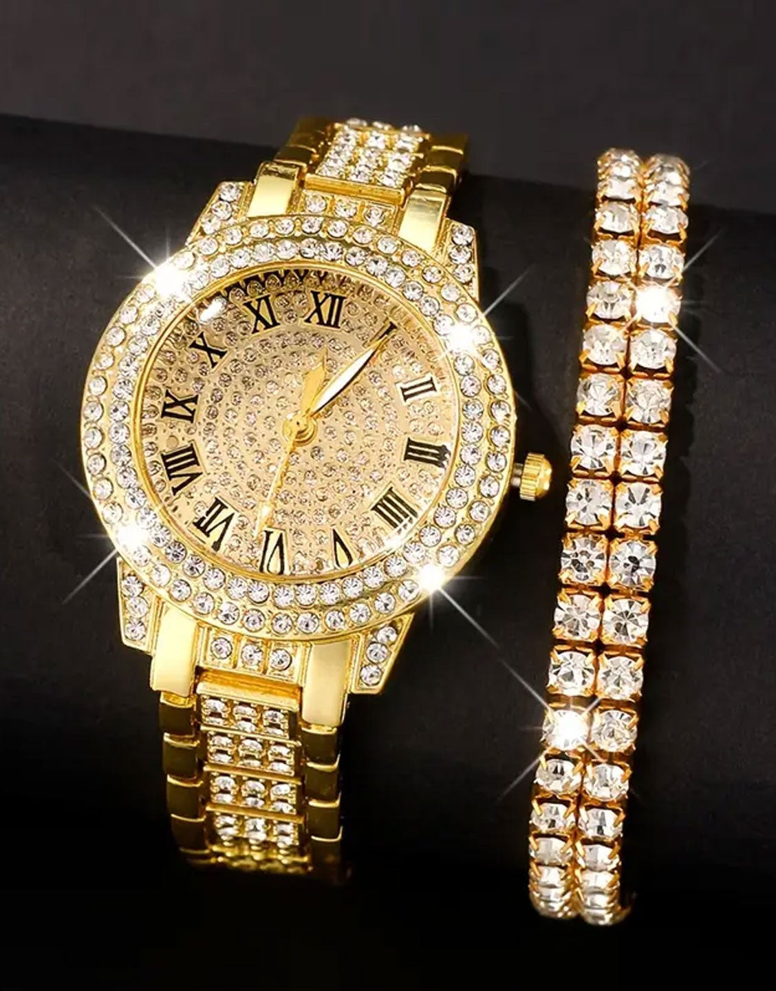 2-Pcs Elegant Women's Round Dial Watch and Sparkling Bracelet Set - Golden