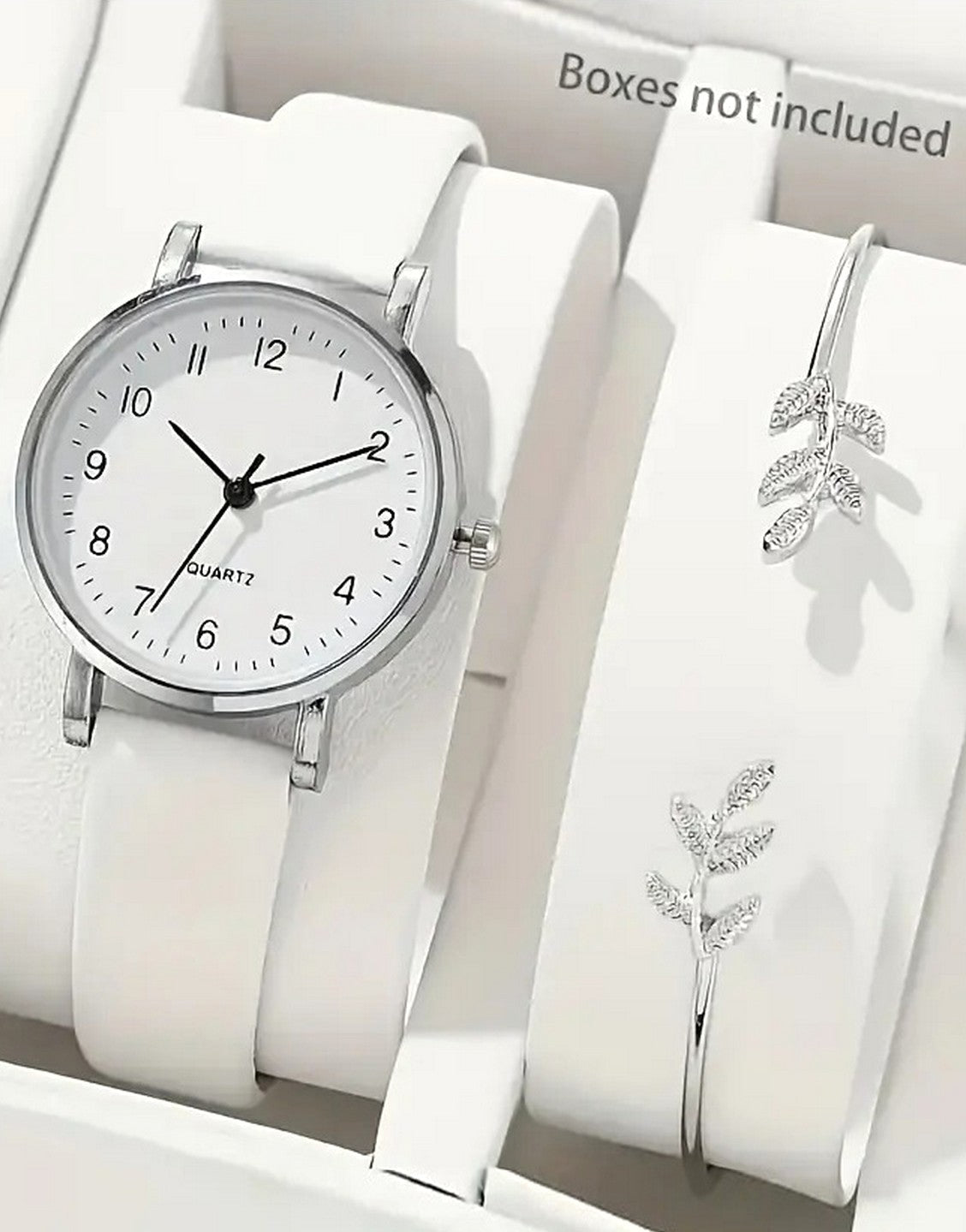 2-Pcs Elegant White Ladies Watch & Leaf Design Bracelet Set