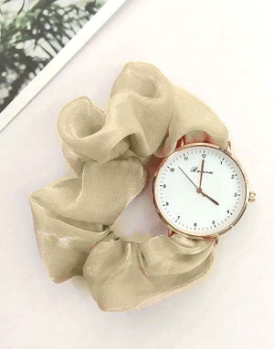 Cute Satin Hair Ring Green Strap Casual Watch for Girls