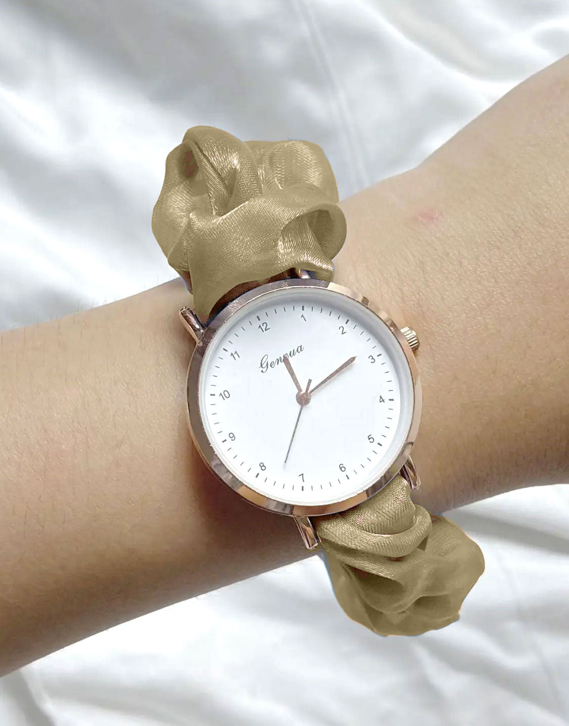 Cute Satin Hair Ring Green Strap Casual Watch for Girls