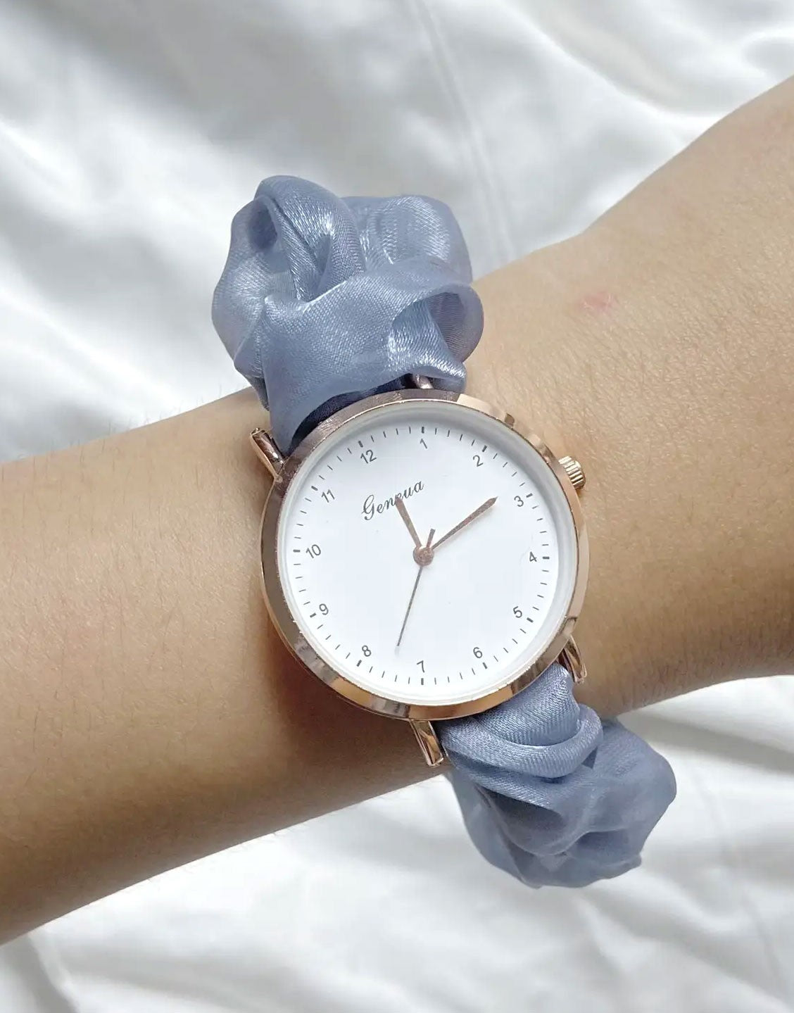 Cute Satin Hair Ring Grey Strap Casual Watch for Girls