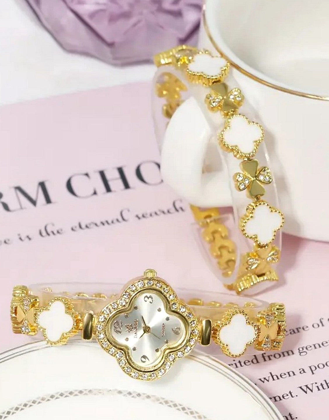 2-Pcs Boho Style Four Leaf Clover Design Ladies Watch & Bracelet Set