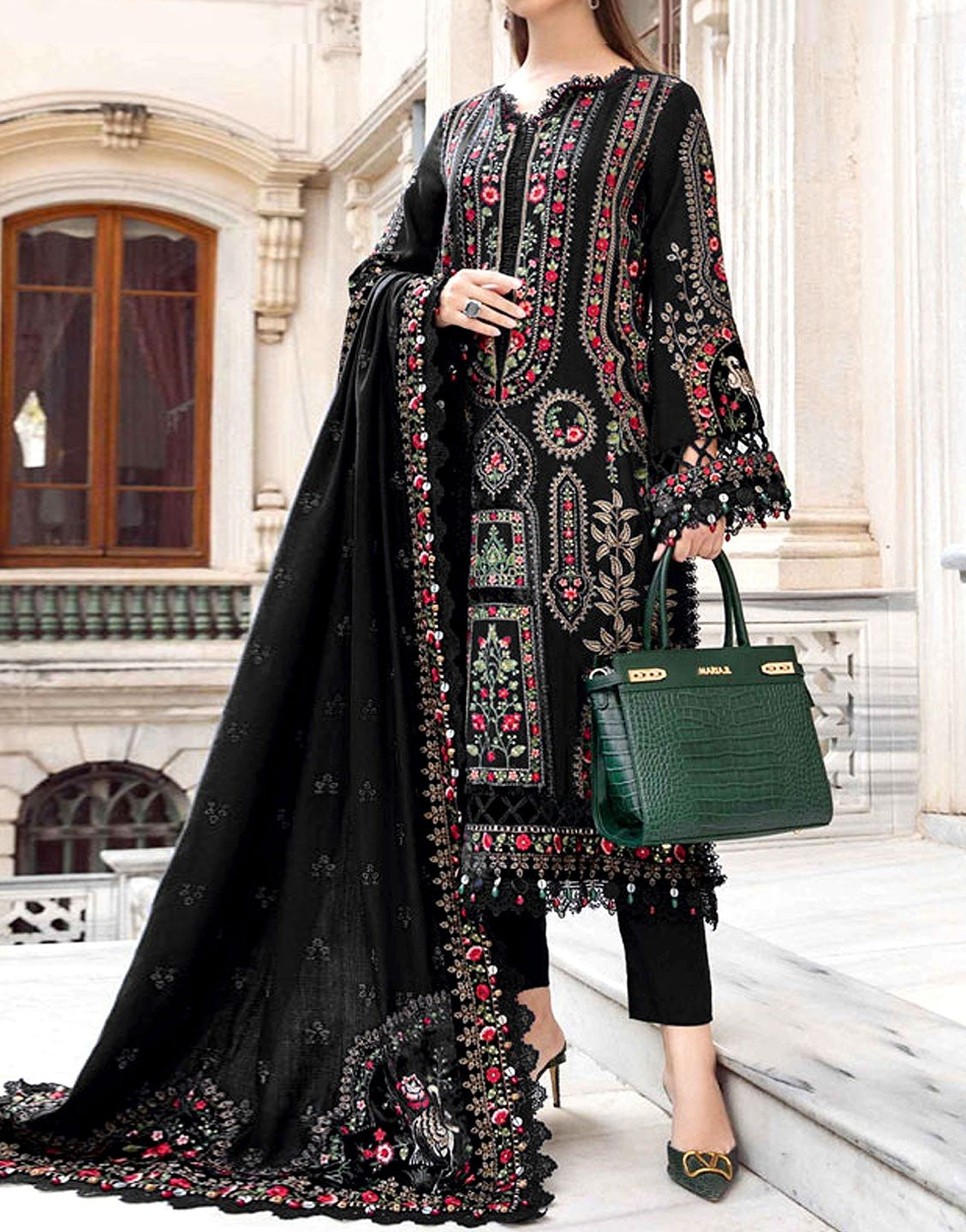 Cultural Inspired Embroidered Cotton Dress  with Chiffon Dupatta