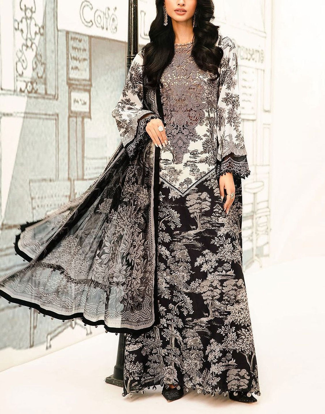 All-Over Print Embroidered Lawn Dress  with Chiffon Dupatta