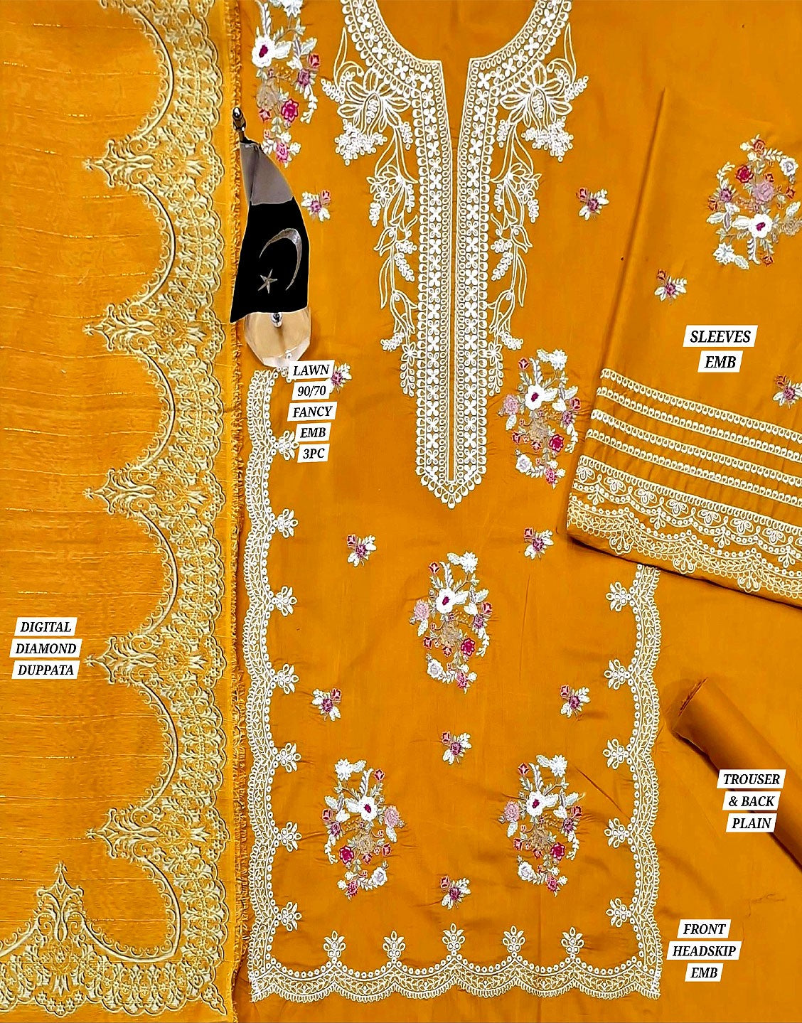 Elegant Embroidered Lawn Dress with Digital Print Diamond Dupatta