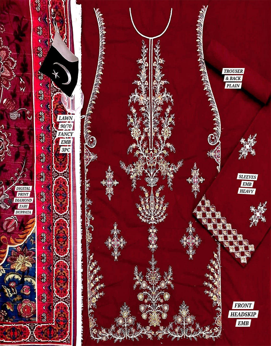 Elegant Embroidered Lawn Suit with Digital Print Diamond Dupatta