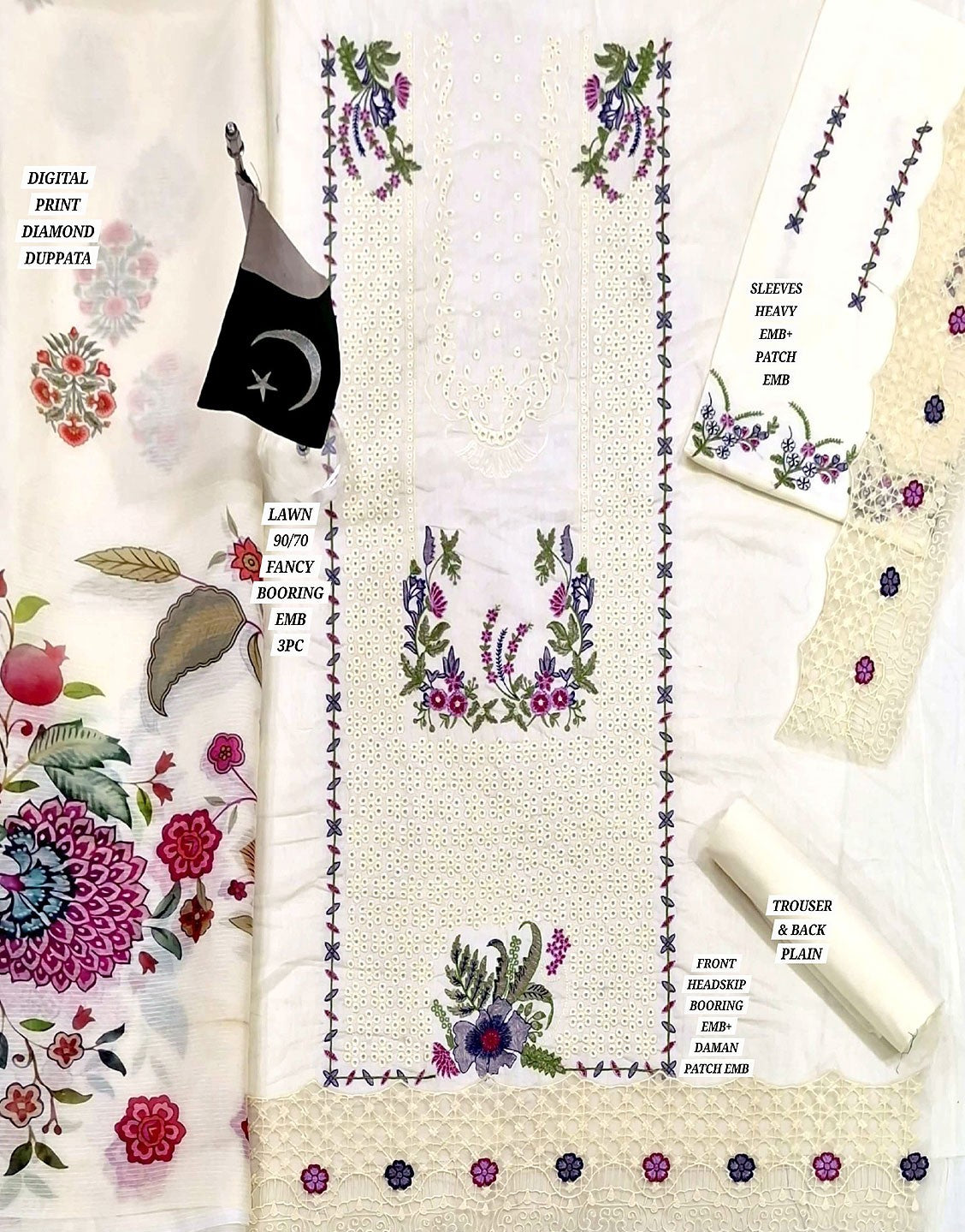 Heavy Schiffli Embroidered Lawn Dress with Diamond Zari Dupatta - Out of Stock