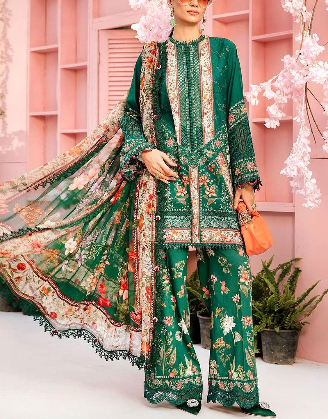 All-Over Print Embroidered Lawn Suit  with Chiffon Dupatta