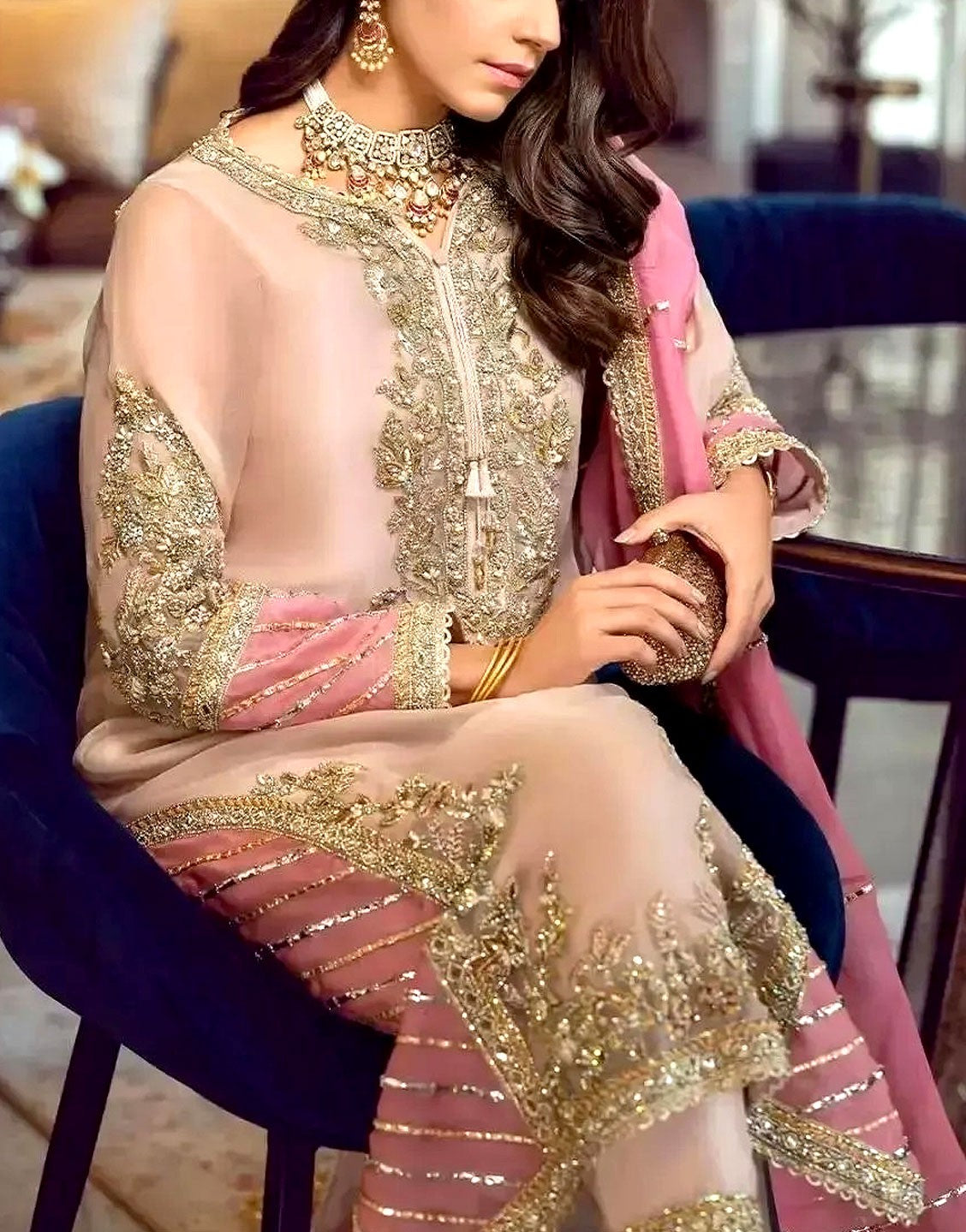 Heavy Embroidered Organza Wedding Wear Dress