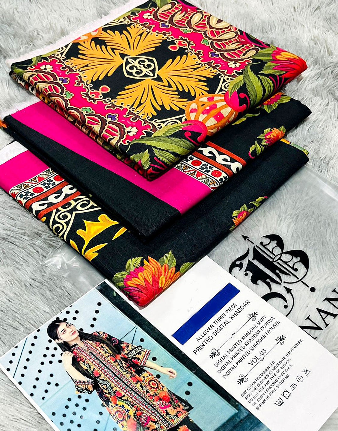 IB Angan All-Over Digital Print 3-Piece Khaddar Dress