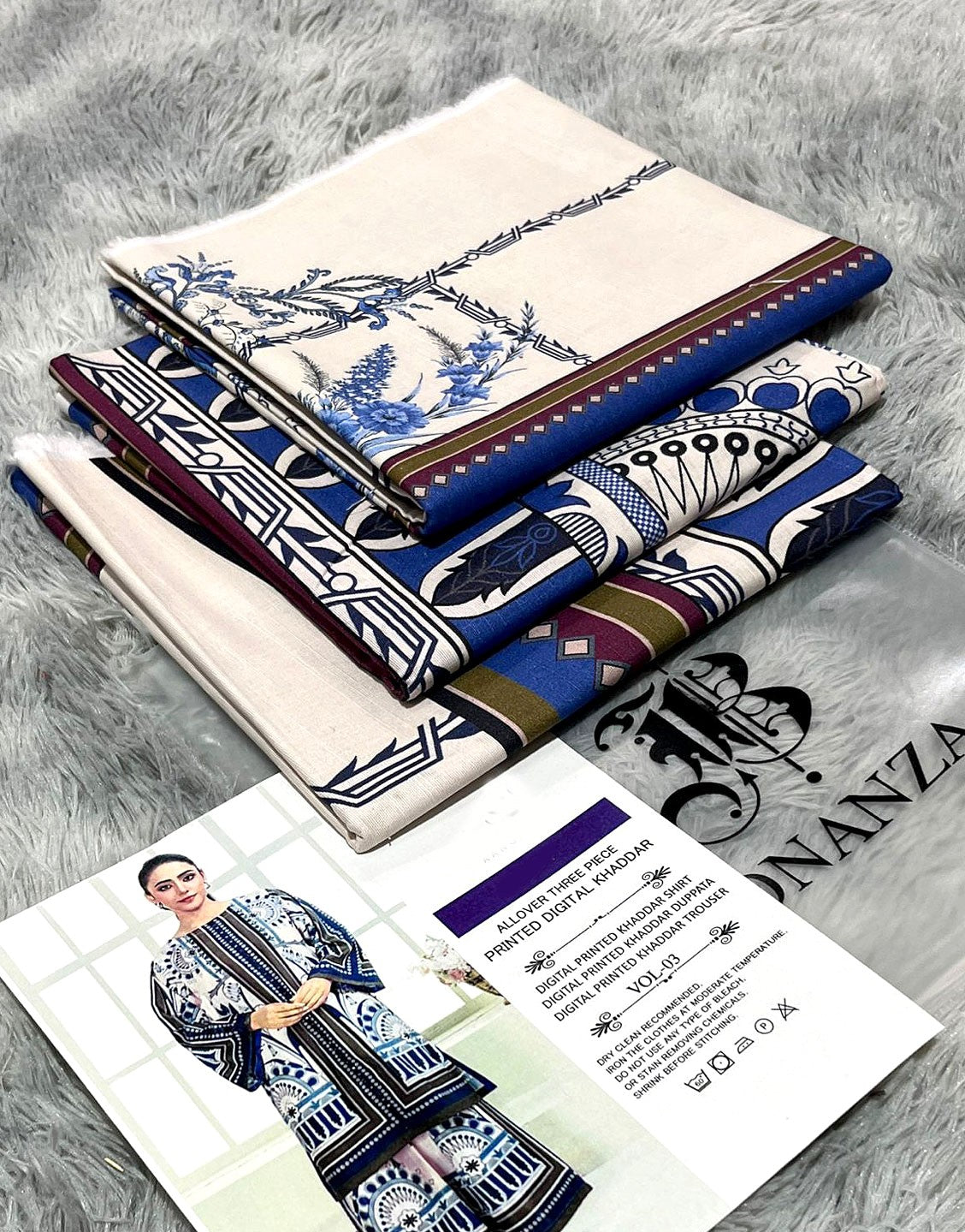 IB Angan All-Over Digital Print 3-Piece Khaddar Dress