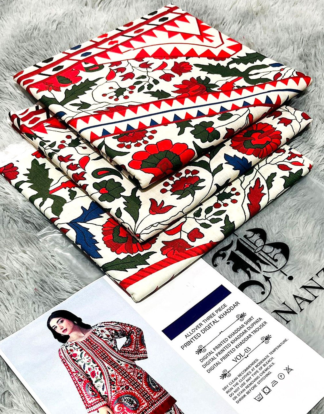 IB Angan All-Over Digital Print 3-Piece Khaddar Suit