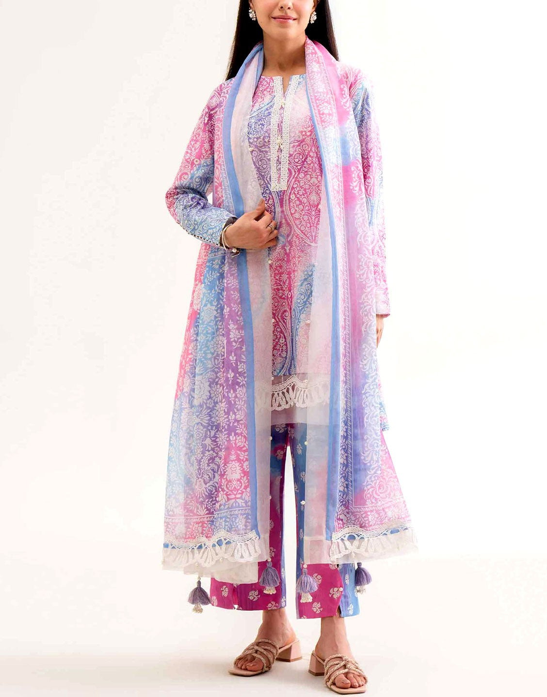 IB Bonanza All-Over Digital Print 3-Piece Linen Dress  with Linen Dupatta