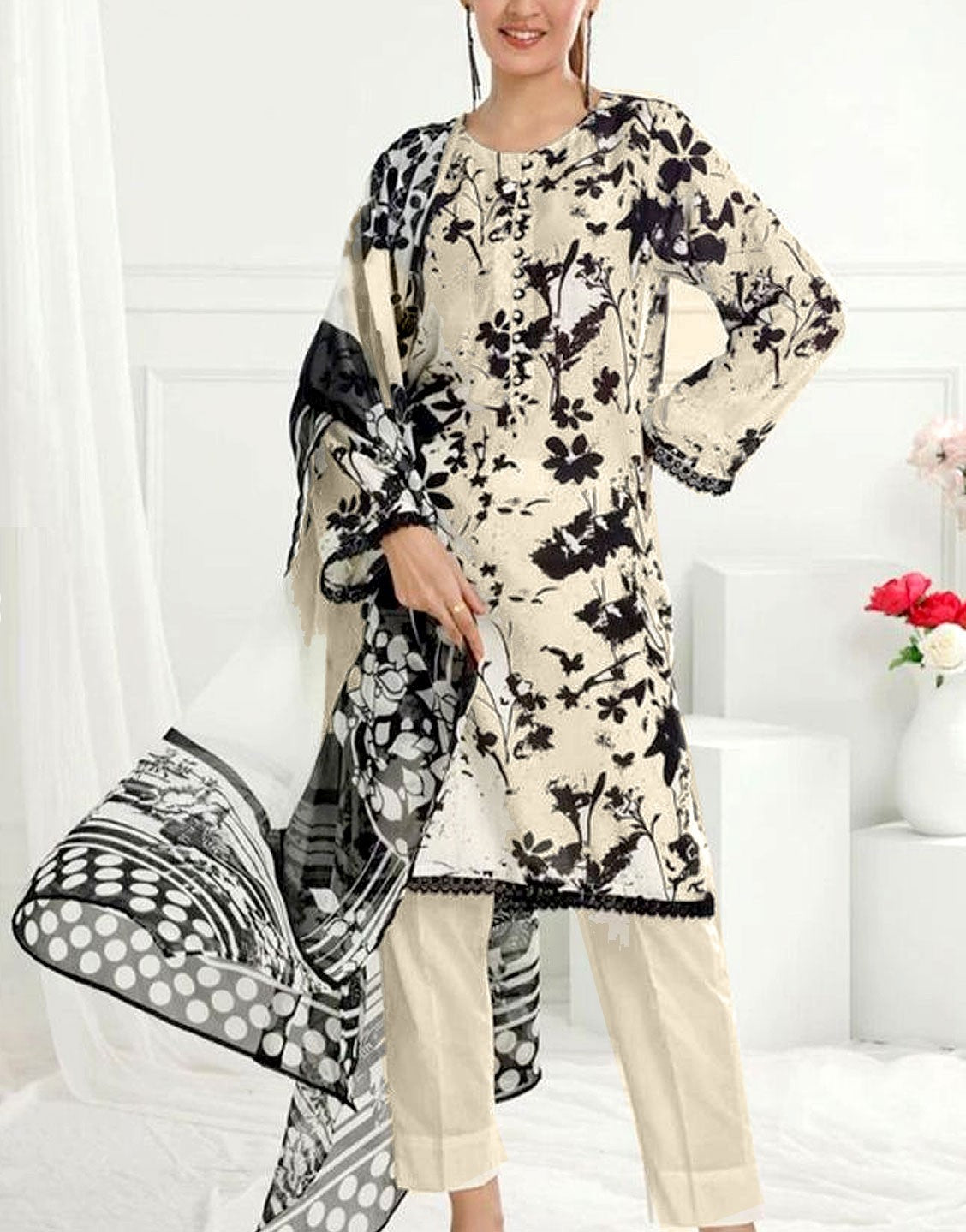 IB Bonanza All-Over Digital Print 3-Piece Linen Dress  with Linen Dupatta