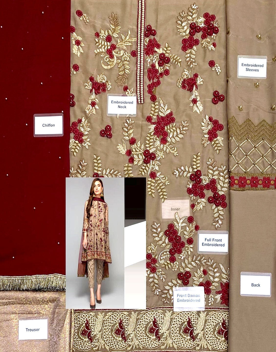3D Heavy Embroidered Chiffon Party Wear Dress with Inner