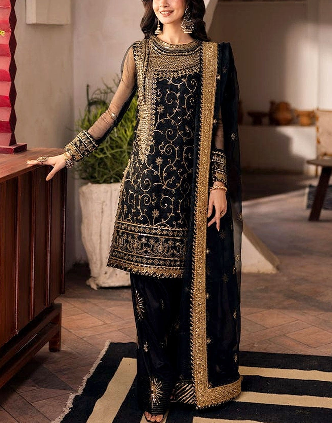 Heavy Embroidered Black Chiffon Party Wear Dress 