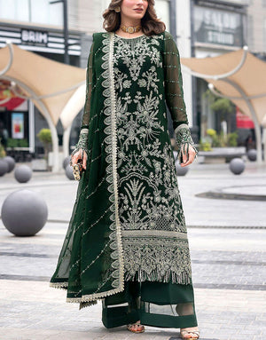 Luxury Heavy Embroidered Green Chiffon Wedding Wear Dress 