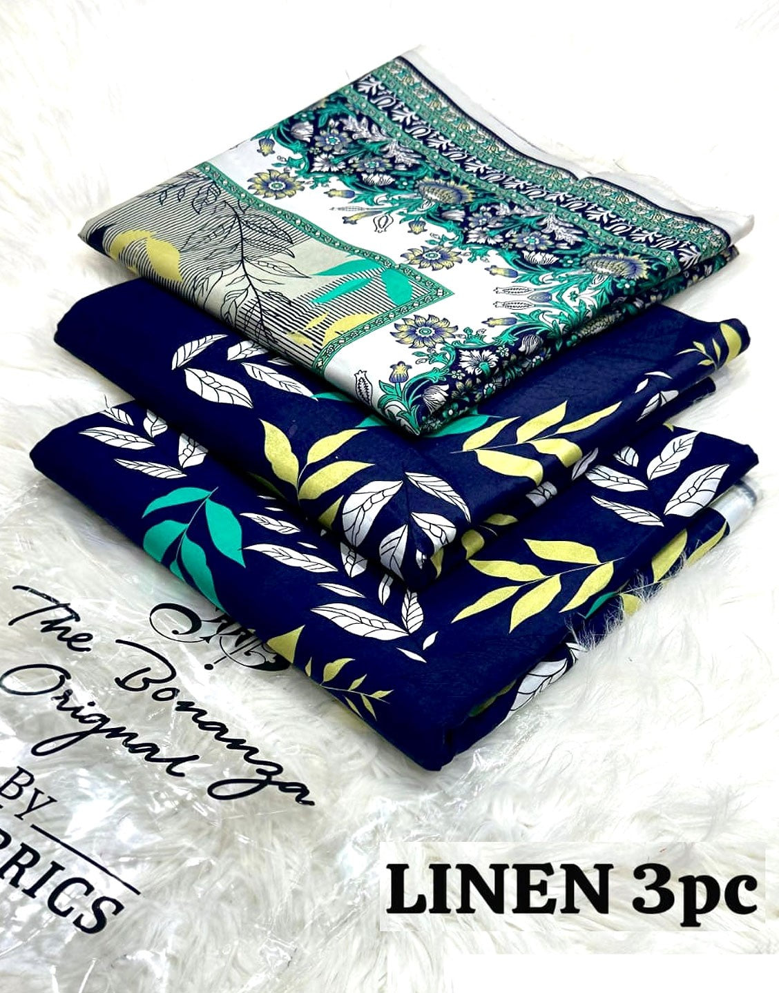 IB Bonanza All-Over Digital Print 3-Piece Linen Dress  with Linen Dupatta