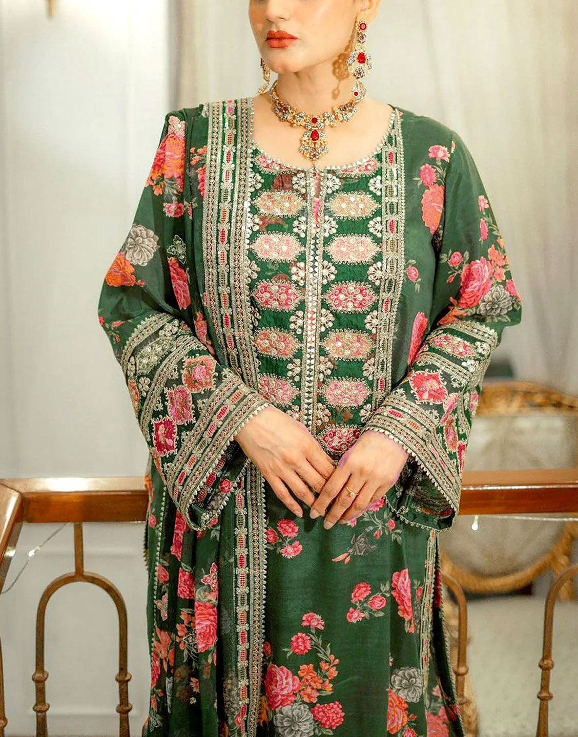Aneela's Digital Print Embroidered Green Silk Party Wear Dress