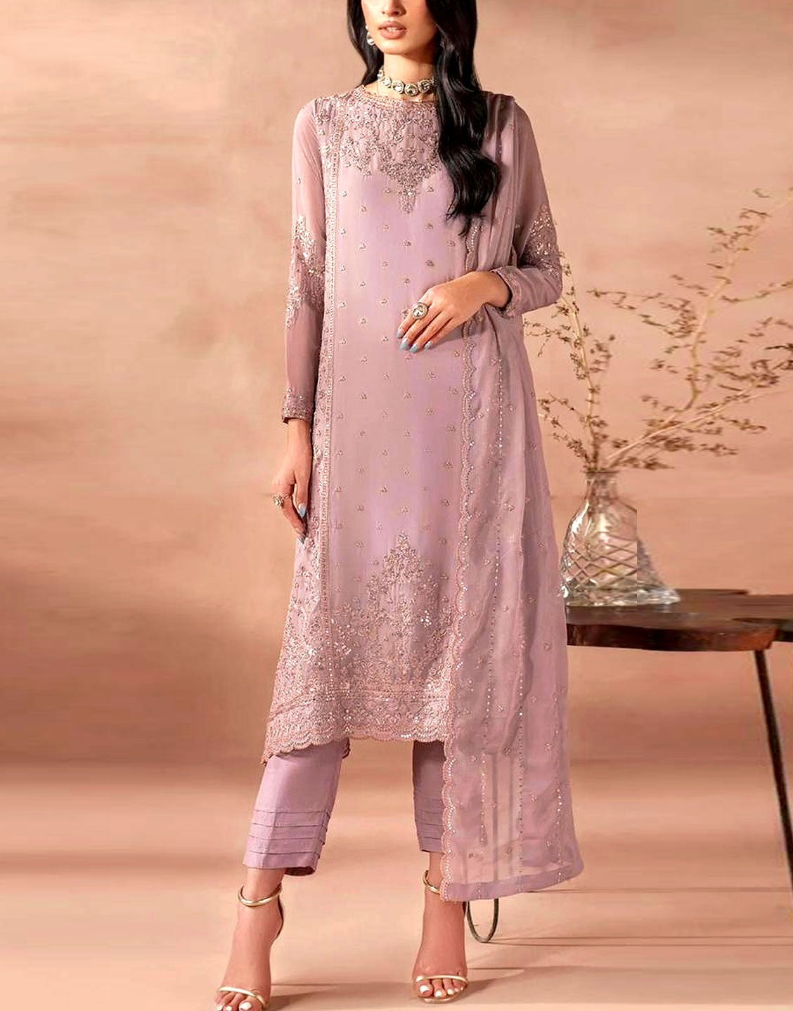 Handwork Heavy Embroidered Chiffon Party Wear Dress 