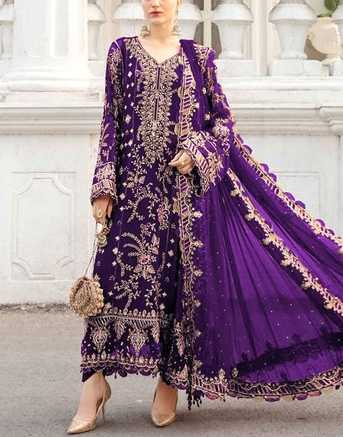 Heavy Embroidered Violet Chiffon Dress for Wedding & Party Wear