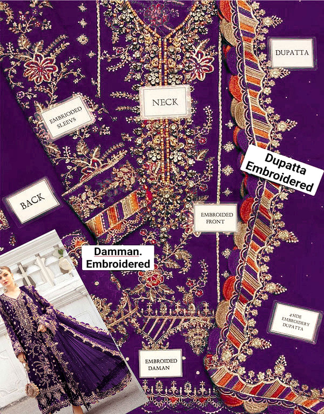 Heavy Embroidered Violet Chiffon Dress for Wedding & Party Wear