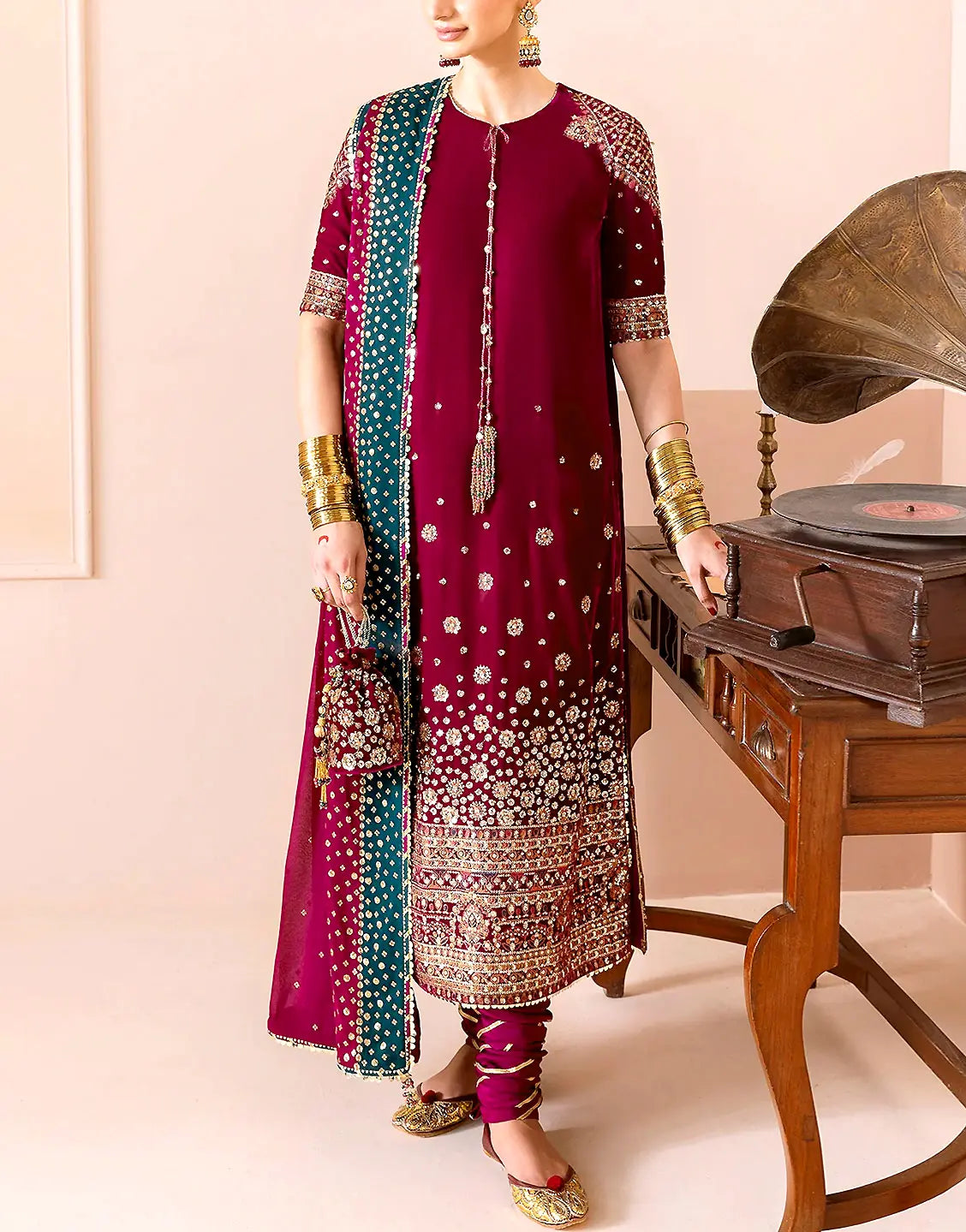 Luxe Embroidered Ruby Pink Velvet Party Dress with Matching Potli Bag