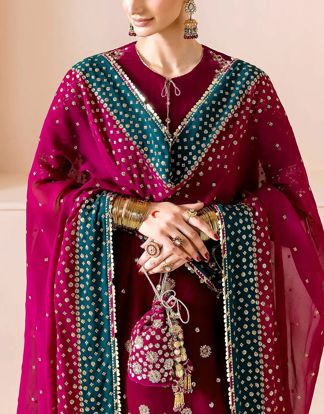 Luxe Embroidered Ruby Pink Velvet Party Dress with Matching Potli Bag