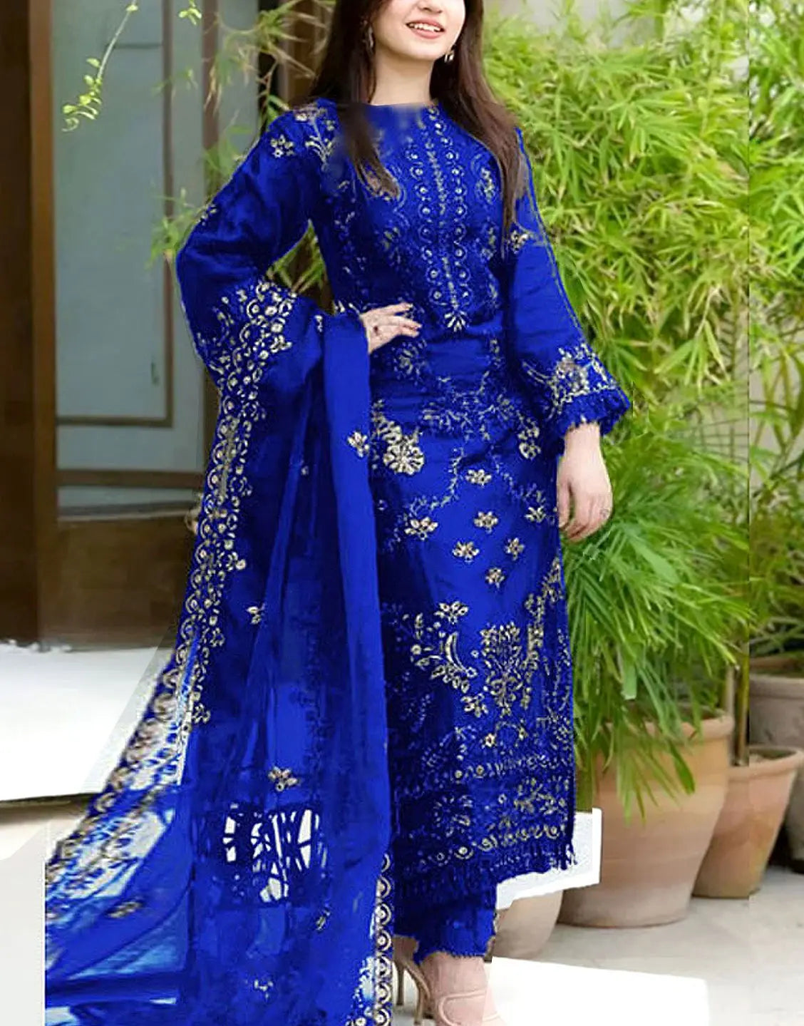 Heavy Embroidered Royal Blue Linen Dress for Casual & Formal Style