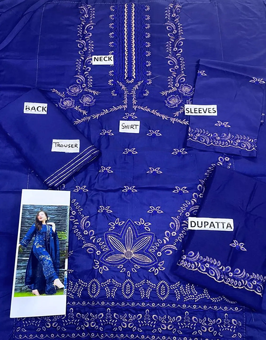 Heavy Embroidered Royal Blue Linen Dress for Casual & Formal Style