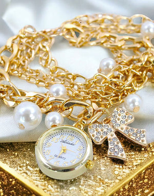 Glorious Multi Layer Bow Charm Bracelet Watch