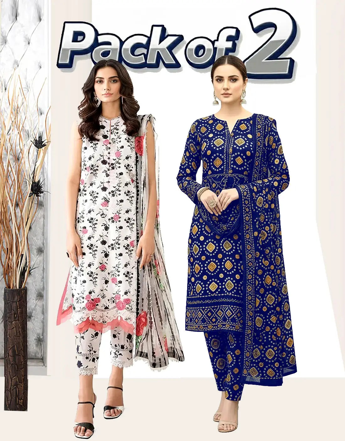 Bundle of 2 Embroidered 3-Piece Lawn Suits Wholesale