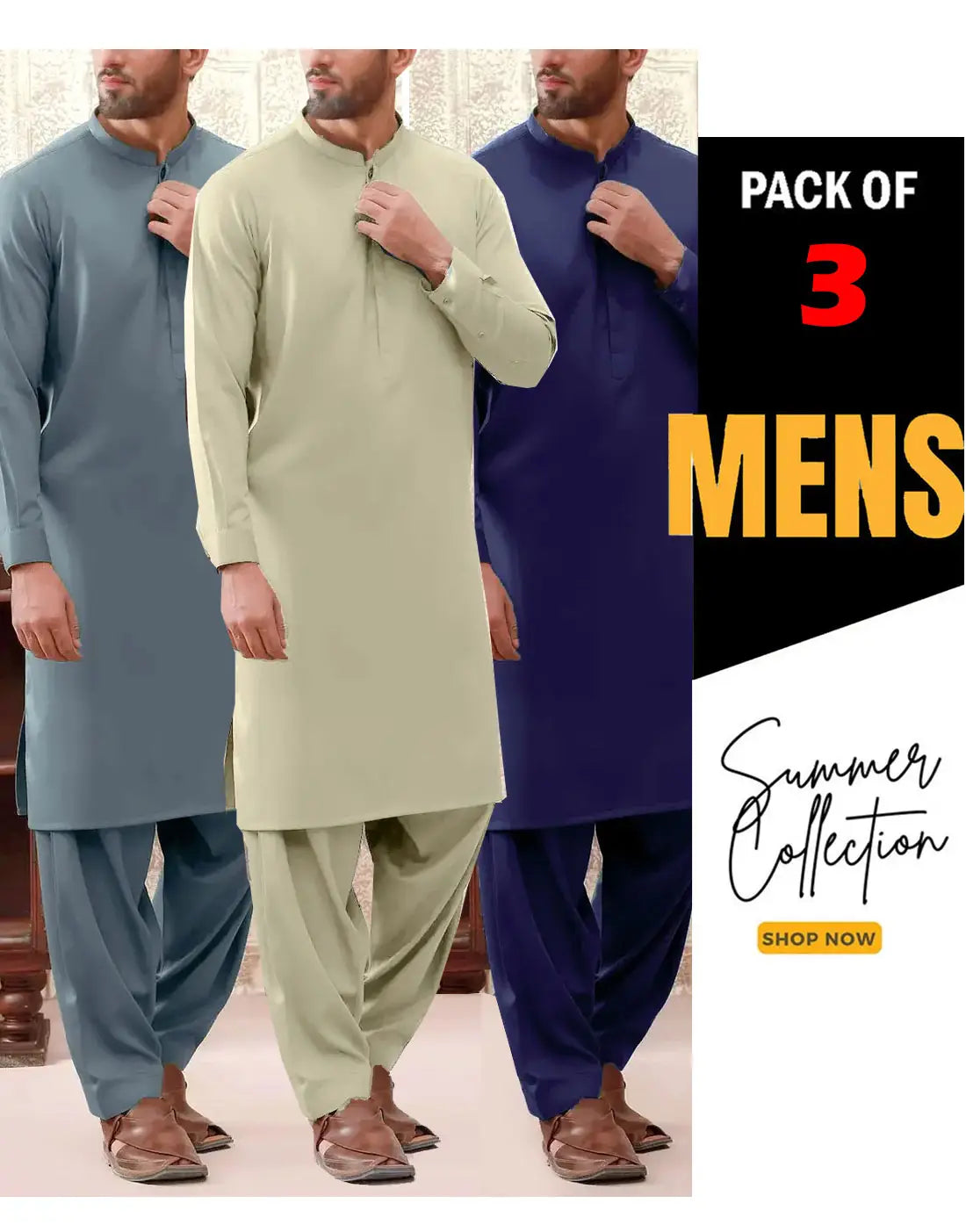 Bundle Pack of 3 Unstitched Men's Wash & Wear Shalwar Kameez Suits - Ideal for Gifting on EID & Ramadan