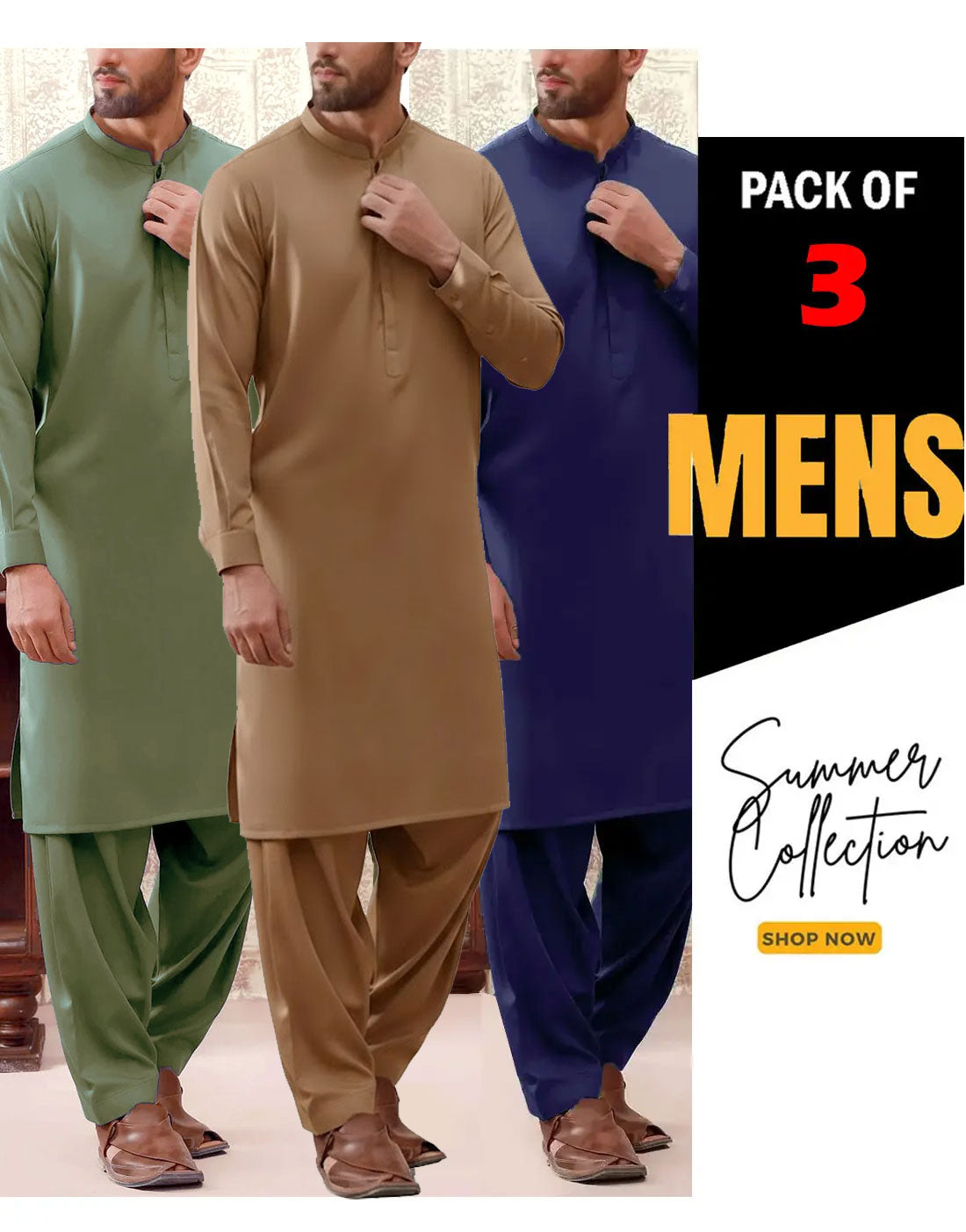Bundle Pack of 3 Unstitched Men's Wash & Wear Shalwar Kameez Suits - Ideal for Gifting on EID & Ramadan