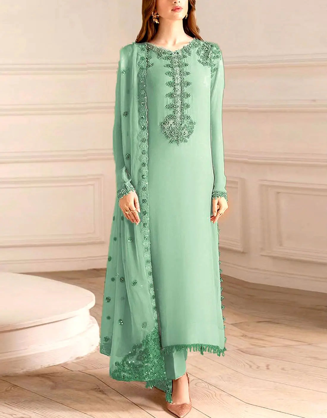 Alluring Embroidered Green Formal & Party Wear Chiffon Dress