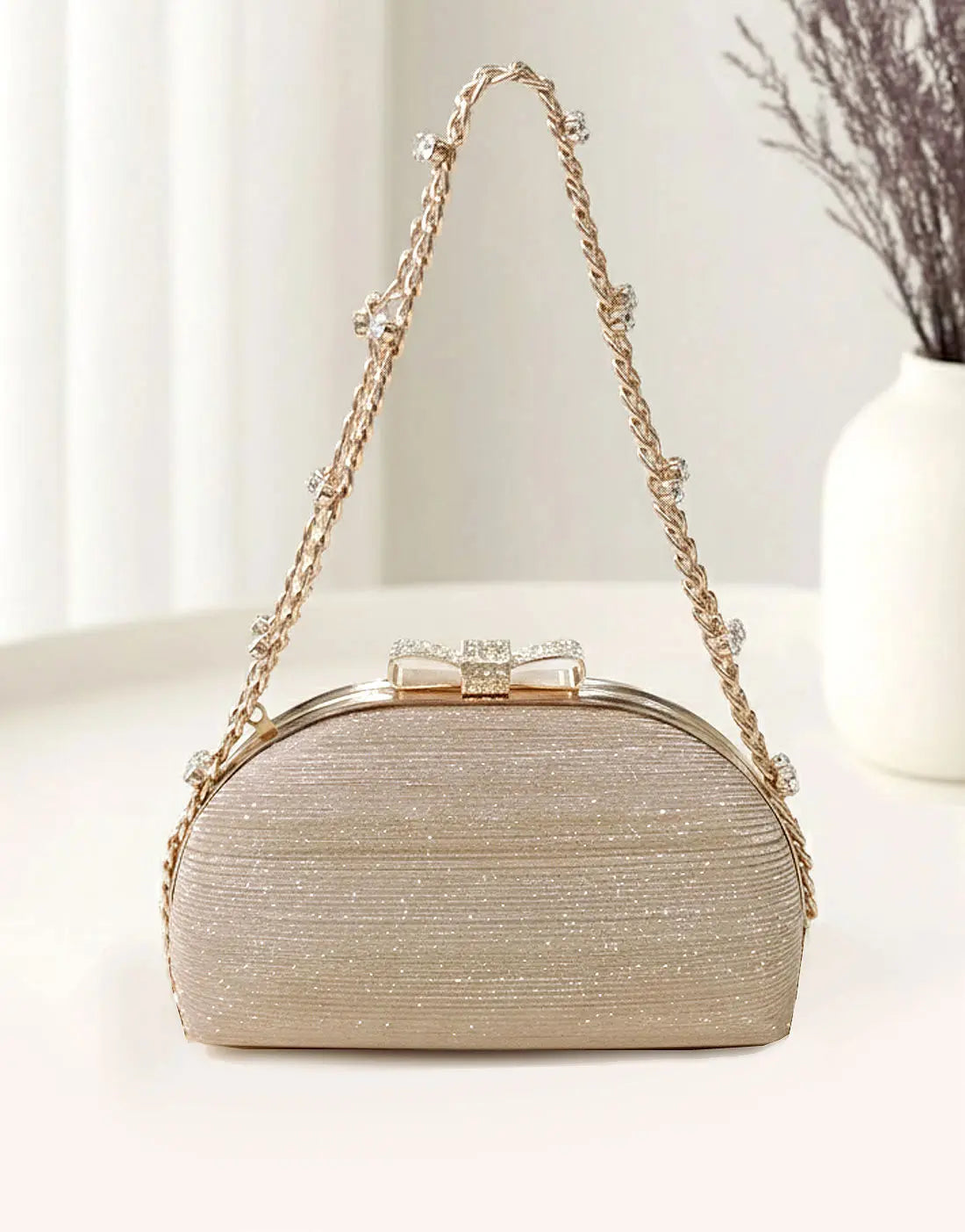 Glittering Bow Clasp Golden Clutch Bag for Party & Formal Events