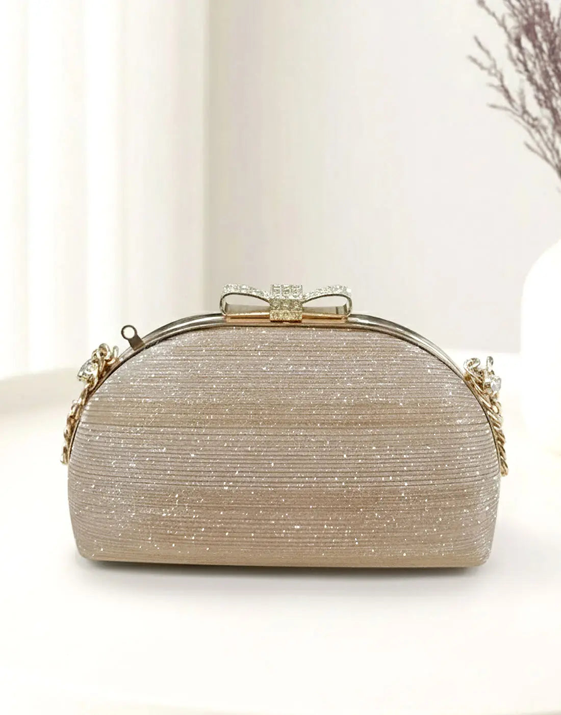 Glittering Bow Clasp Golden Clutch Bag for Party & Formal Events